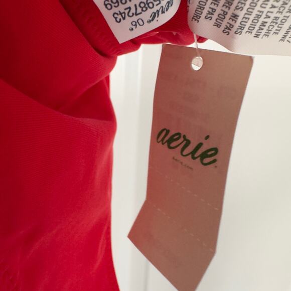 Aerie Bikini Swimsuit Triangle Top Tie Back Cheeky Bottom Black Red Bra Padding - Picture 8 of 16